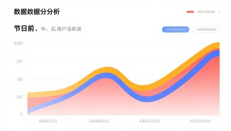 一张数据分析图表，展示节假日前、中、后的用户活跃度变化曲线，色彩明亮清晰